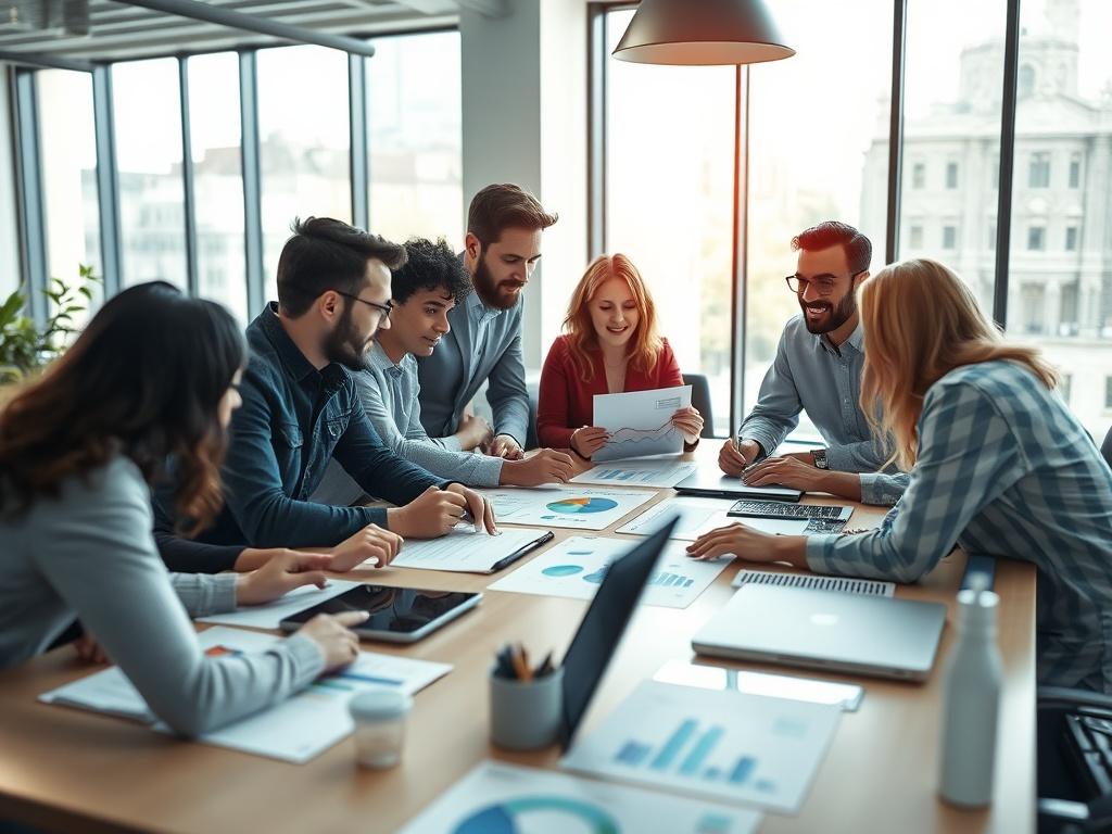 A hyper-realistic close-up shot of a marketing strategy meeting, showcasing a diverse team engaged in discussion around a table filled with charts, graphs, and digital devices. The background features a bright, modern office space with large windows allowing natural light to flood in, creating an inspiring and collaborative atmosphere.