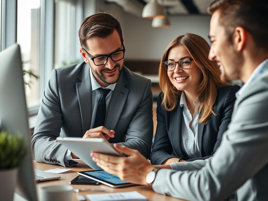 A professional marketing consultant discussing strategies with a client in a modern office setting. The focus is on a digital tablet displaying graphs and data, with the client looking engaged and interested. The background should be a sleek office with natural light, showcasing a friendly and collaborative environment, captured in high resolution.
