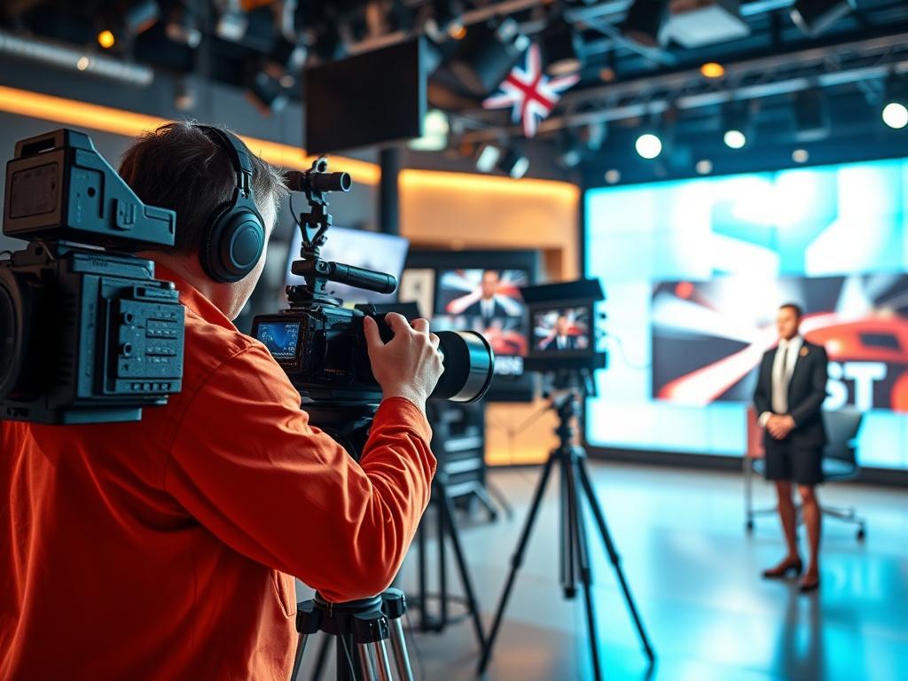 A high-tech broadcasting studio with a professional setup including cameras, microphones, and monitors. A technician is adjusting equipment while a presenter is ready to go live, showcasing a dynamic and energetic environment. The image should be bright and focused on the action, captured in high resolution.