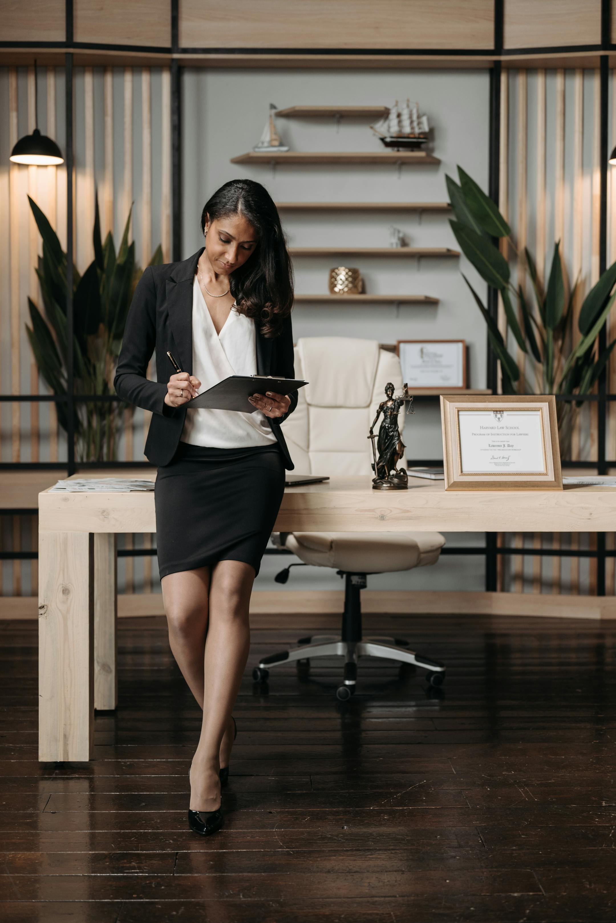 Asian professional woman standing in a stylish office, reviewing paperwork, with decor emphasizing law and justice.