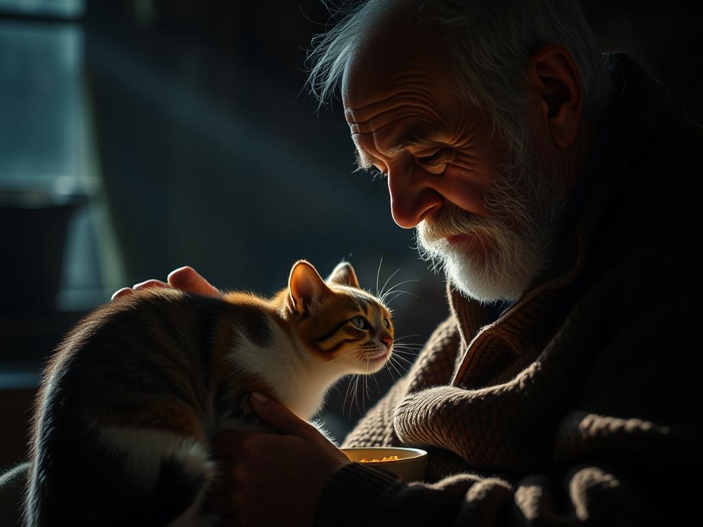 A powerful image of a cat being lovingly cared for by an elderly man, highlighting the bond between them. The scene should be intimate, showing the man feeding the cat in a cozy, warm environment. The lighting should create a comforting atmosphere, emphasizing the importance of care and compassion.