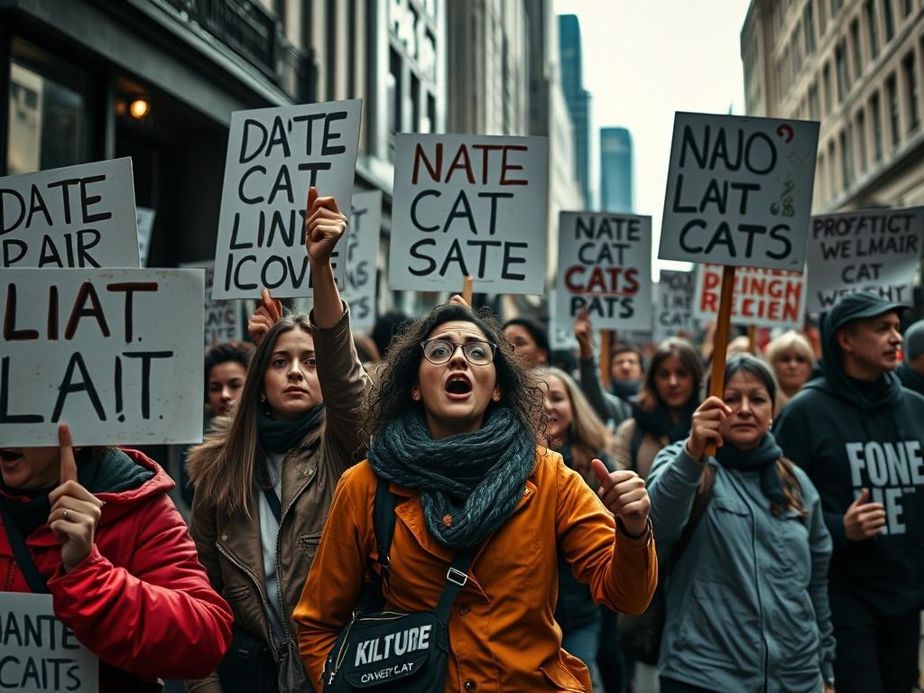 A striking image of a protest rally in support of animal rights, featuring passionate individuals holding signs advocating for protection of cats. The scene should convey a sense of urgency and determination, with vibrant colors and dynamic expressions. The background should be a city street setting, emphasizing community involvement.