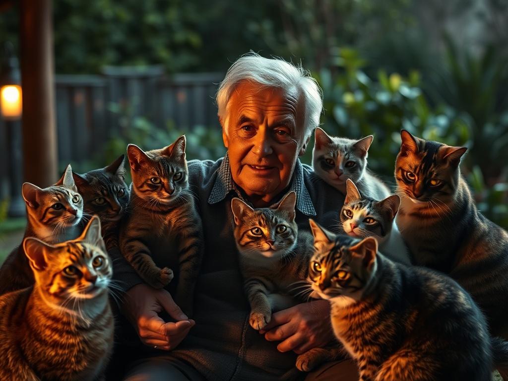A dramatic photograph of a caring elderly man surrounded by several cats in a safe outdoor environment, showcasing a sense of community and protection. The lighting should be warm, highlighting the bond between the man and the cats. The background should be an inviting garden setting with lush greenery and a serene atmosphere.