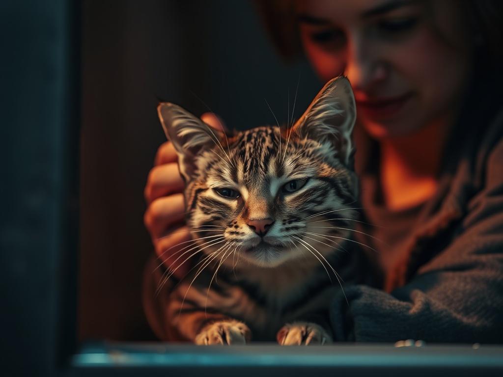 A close up of a distressed cat in a cozy,