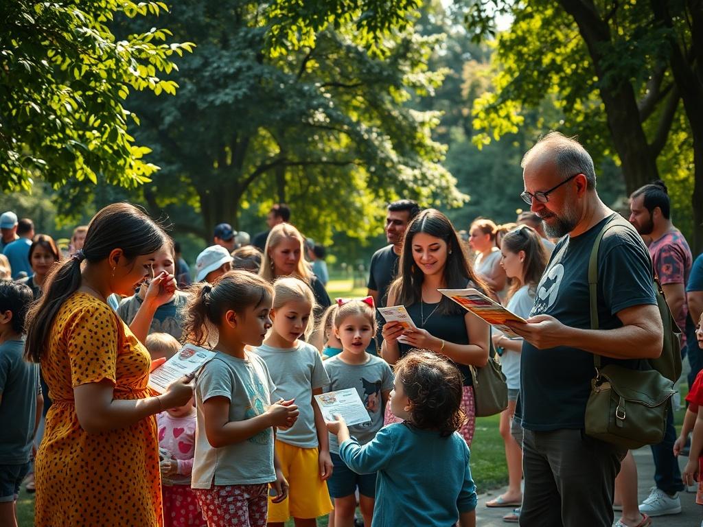 A vibrant community gathering in a park with volunteers distributing