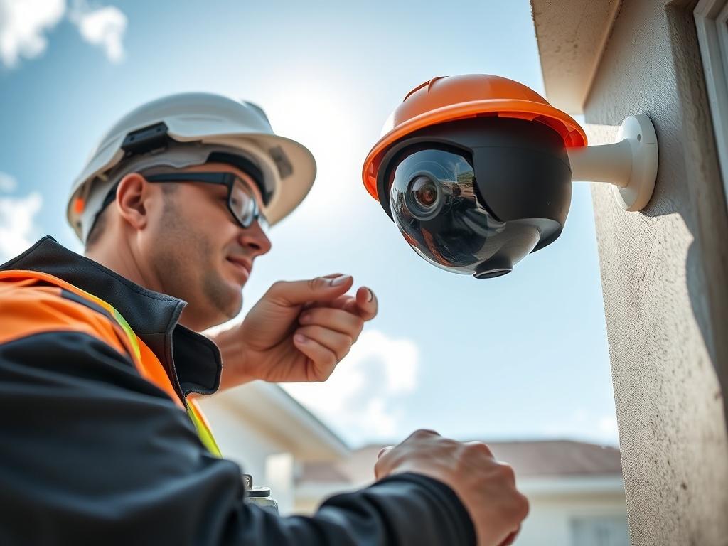 A close-up shot of a skilled technician installing a high-tech CCTV camera on a wall. The technician is focused and wearing safety gear, showing professionalism. The background is a modern home environment with clear skies, indicating a sunny day. The color scheme features the primary color rgb(12, 186, 225) subtly integrated into the equipment or tools. The image should convey a sense of trust and expertise in technology installations.