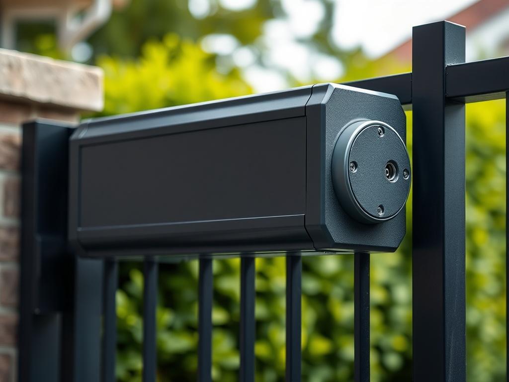 A close-up shot of a robust gate motor installed on a residential property, showing its sleek design and sturdy features. The background should be blurred greenery to indicate a secure and private environment. The image should be hyper-realistic, focusing on the details of the motor, reflecting its strength and reliability.