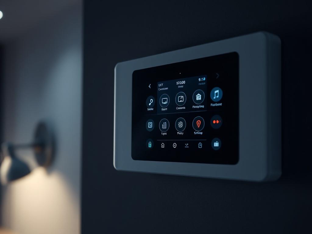 A hyper-realistic close-up shot of a modern alarm system panel installed on a wall, showcasing its sleek interface and features. The background should be a dimly lit room to emphasize the importance of security. Focus on the panel, highlighting its functionality and user-friendly design.