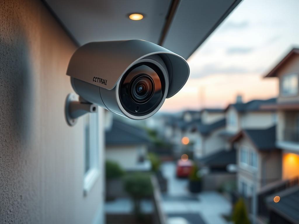 A realistic close-up shot of a high-definition CCTV camera mounted on a wall, capturing an expansive view of a residential area. The background should feature a well-lit outdoor space, conveying a sense of safety and surveillance. The focus should be on the camera, highlighting its advanced technology.