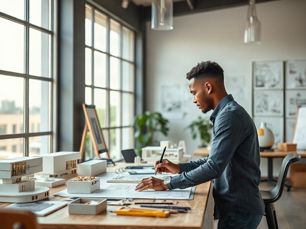 A realistic high-resolution photo of a modern architectural design studio in Port Harcourt. The image should feature a sleek, contemporary workspace filled with architectural models and design tools. The background should show large windows allowing natural light to illuminate the studio, with sketches and graphic design projects displayed on the walls. The scene should evoke creativity and professionalism, with a focus on a single designer at a drafting table, immersed in their work.