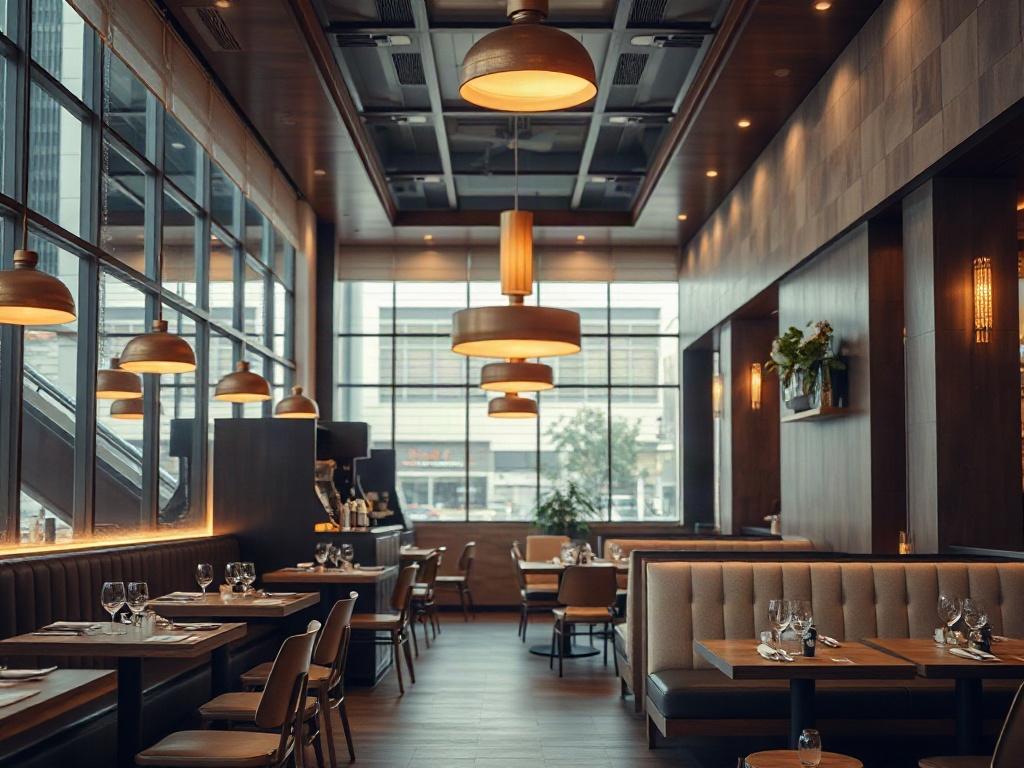 A hyper-realistic photo of a restaurant interior showcasing modern design elements, warm lighting, and inviting seating arrangements, captured in a close-up shot with a 45mm f/1.2 lens style.