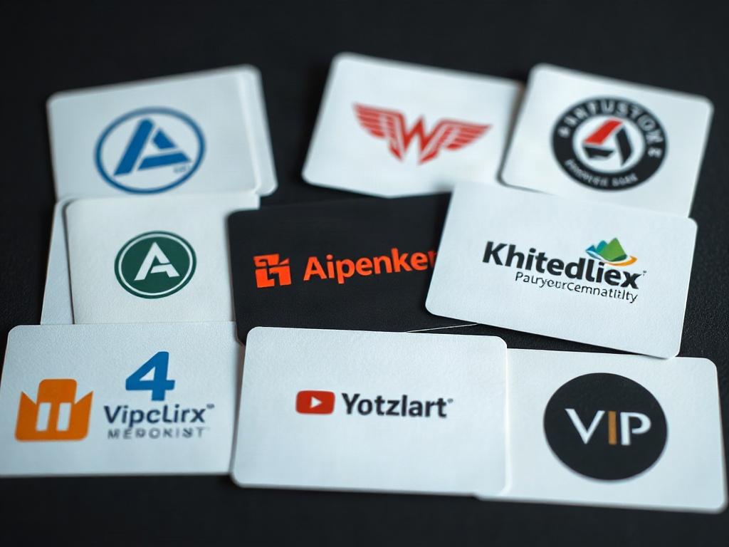 A hyper-realistic photo of distinctive graphic design elements including logos and business cards arranged aesthetically, shot with a 45mm f/1.2 lens style.