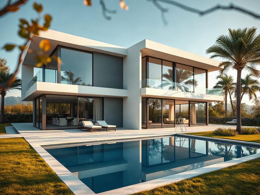 A hyper-realistic photo of a modern architectural house design showcasing clean lines and large windows, situated in a scenic environment, captured in a close-up shot with a 45mm f/1.2 lens style.