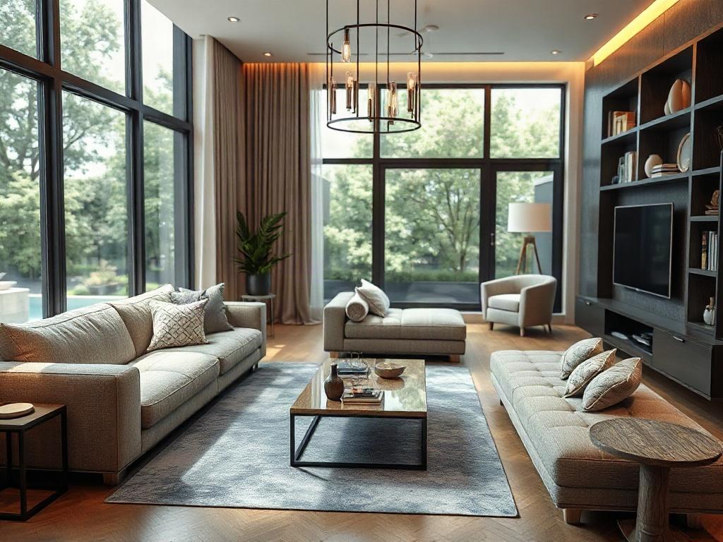 An intricately detailed 3D interior model of a cozy living room. The room features a modern sofa, stylish coffee table, and elegant lighting fixtures. Rich textures are visible on the furniture, and warm colors create an inviting atmosphere. Large windows allow natural light to flood the space, illuminating the beautiful decor. The backdrop shows a hint of greenery outside, enhancing the connection between indoor comfort and outdoor beauty.