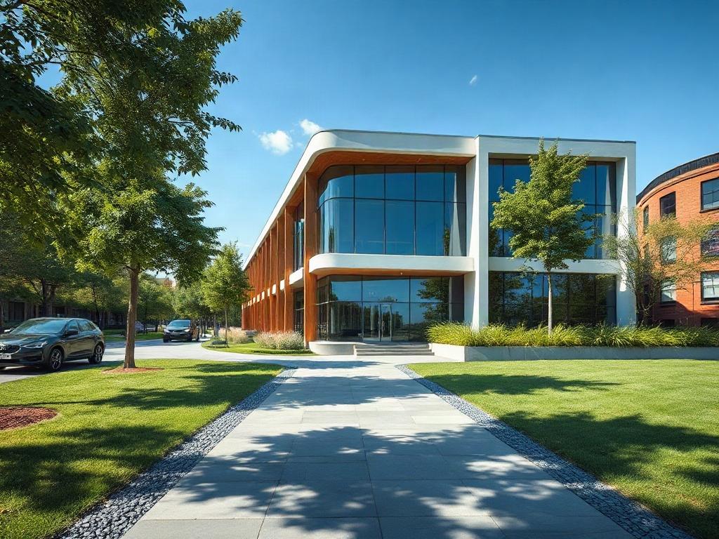 A stunning architectural design rendering of a modern building, featuring sleek lines and large glass windows. The structure is set in a serene urban environment, surrounded by lush greenery and a clear blue sky. The foreground includes a beautifully designed pathway leading to the entrance, highlighting the building's contemporary aesthetic. The scene captures the essence of innovative design, showcasing how the architecture harmonizes with nature.