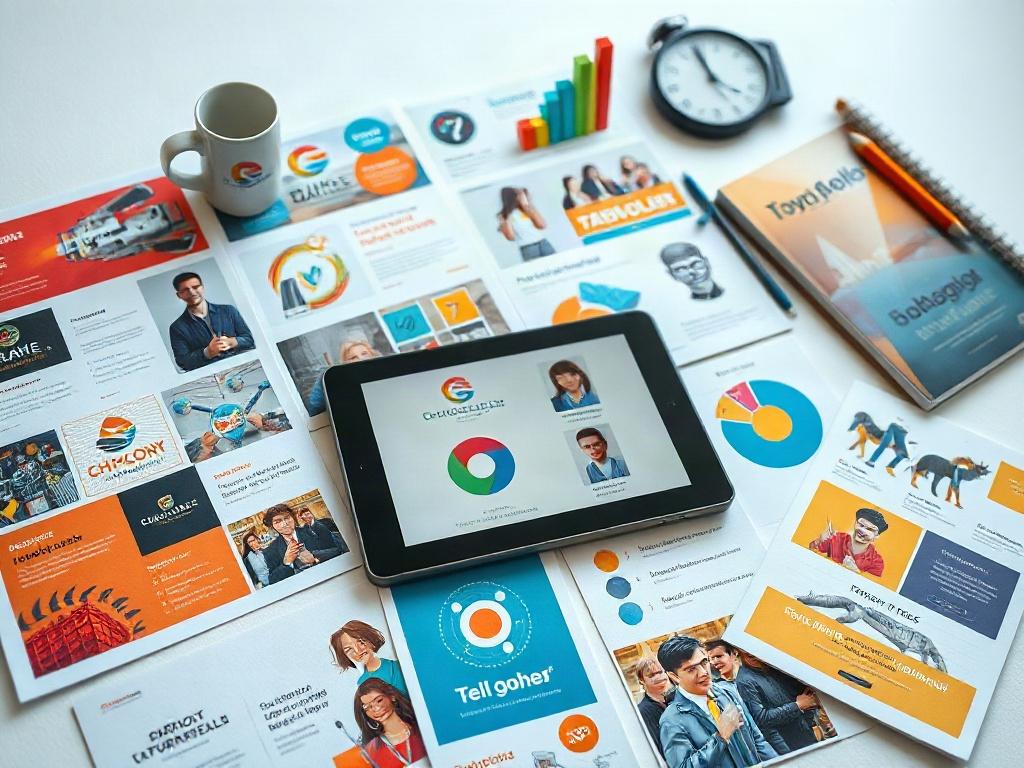 A vibrant graphic design portfolio spread, showcasing a variety of colorful designs. Each design features unique elements, including logos, illustrations, and promotional materials. The background presents a clean, minimalist workspace, with tools of the trade like a digital tablet and sketchbook in view. The arrangement highlights creativity and professionalism, capturing the attention of potential clients looking for innovative graphic solutions.
