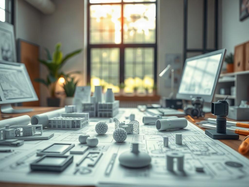 A hyper-realistic close-up of a creative workspace showcasing architectural blueprints, 3D models, and graphic design tools. The setting should reflect a modern studio environment with natural light illuminating the space. Focus on a single desk with intricate design elements, emphasizing creativity and innovation. The background should be blurred to keep attention on the subject, with a color palette that includes rgb(50, 170, 39) to convey a vibrant and fresh atmosphere.