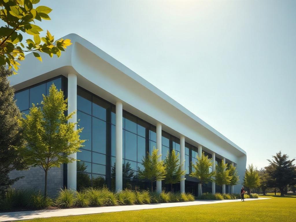 A hyper-realistic rendering of an innovative architectural design, showcasing a modern building with sleek lines and large glass windows. The composition should focus on the building's unique structure, surrounded by lush greenery and a clear blue sky. The scene should emphasize the interplay of natural light and shadows, highlighting the building's features. The background should be minimalistic, allowing the architectural design to stand out prominently in the frame.