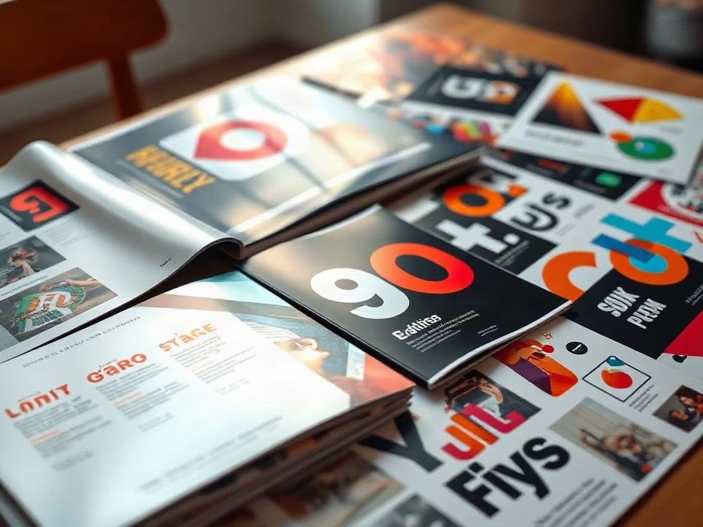 A hyper-realistic rendering of a vibrant graphic design portfolio spread out on a wooden table. The composition should highlight various graphic design elements, including logos, posters, and digital illustrations. Each piece should display vivid colors and intricate details, capturing the viewer's attention. The background should be softly lit to create a warm atmosphere, with a slight shadow play to enhance the visual appeal of the designs.