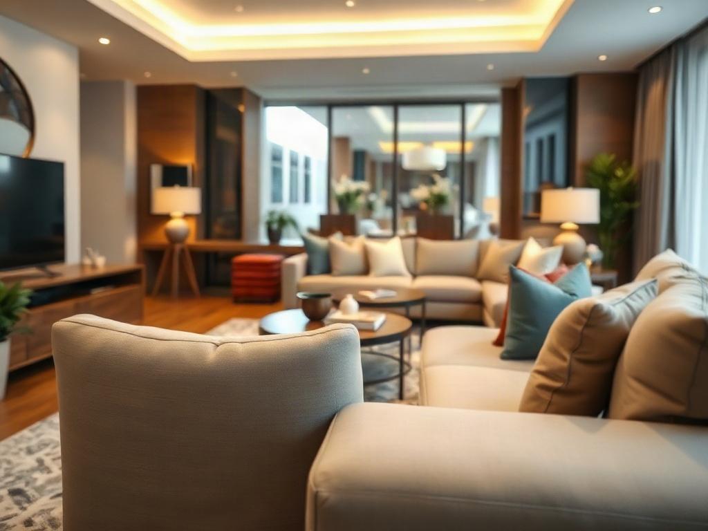 A hyper-realistic close-up shot of a sophisticated 3D interior model, featuring a contemporary living room. The composition should include stylish furniture, elegant decor, and warm lighting that creates an inviting atmosphere. Textures should be detailed, showcasing the fabric of the couch and the wood grains of the furniture. The background should be softly blurred to focus on the intricacies of the interior design, emphasizing the modern aesthetic and functional layout.
