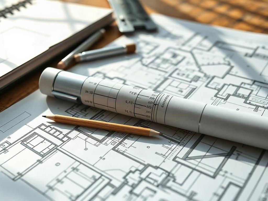 A hyper-realistic close-up of a beautifully detailed architectural blueprint spread out on a wooden desk, with a pencil and architectural tools placed neatly beside it. Soft natural light illuminates the scene, highlighting the intricate lines and designs of the blueprint.