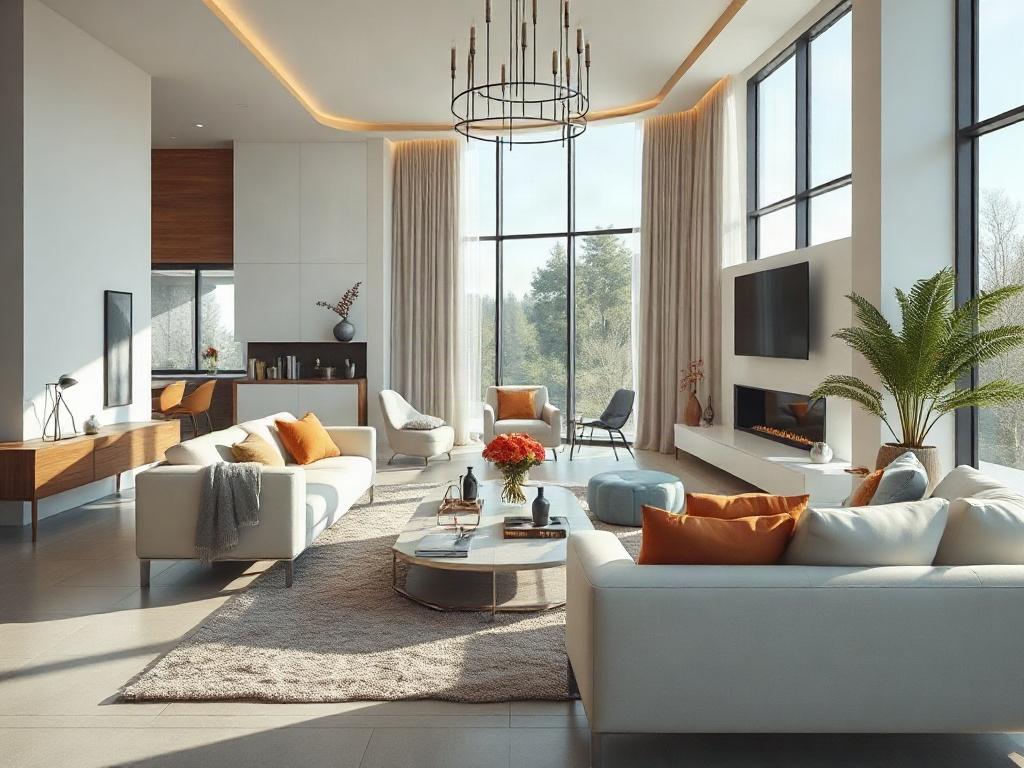 A hyper-realistic 3D rendering of a modern living room, showcasing sleek furniture, elegant decor, and natural lighting streaming through large windows. The scene should be rich in detail, capturing the essence of contemporary interior design.