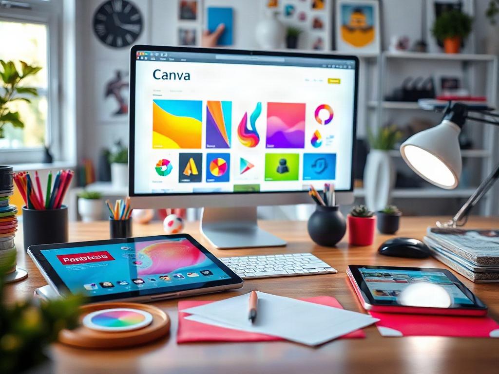 A hyper-realistic close-up of a designer's workspace featuring vibrant graphic design elements, digital tablets, and a computer screen displaying colorful Canva templates. The setting should be bright and inspiring, showcasing creativity in action.