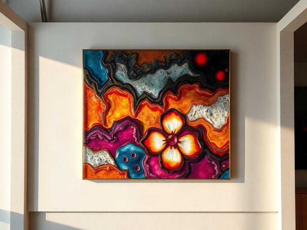 A beautifully crafted piece of resin art displayed on a stylish wall gallery. The composition should focus on the intricate details of the resin art, showcasing a variety of vibrant colors and textures. The background should be minimalistic and modern, allowing the artwork to stand out. The lighting should be soft and warm, emphasizing the glossy finish of the resin. The image should evoke a sense of elegance and creativity, inviting viewers to appreciate the artistry.