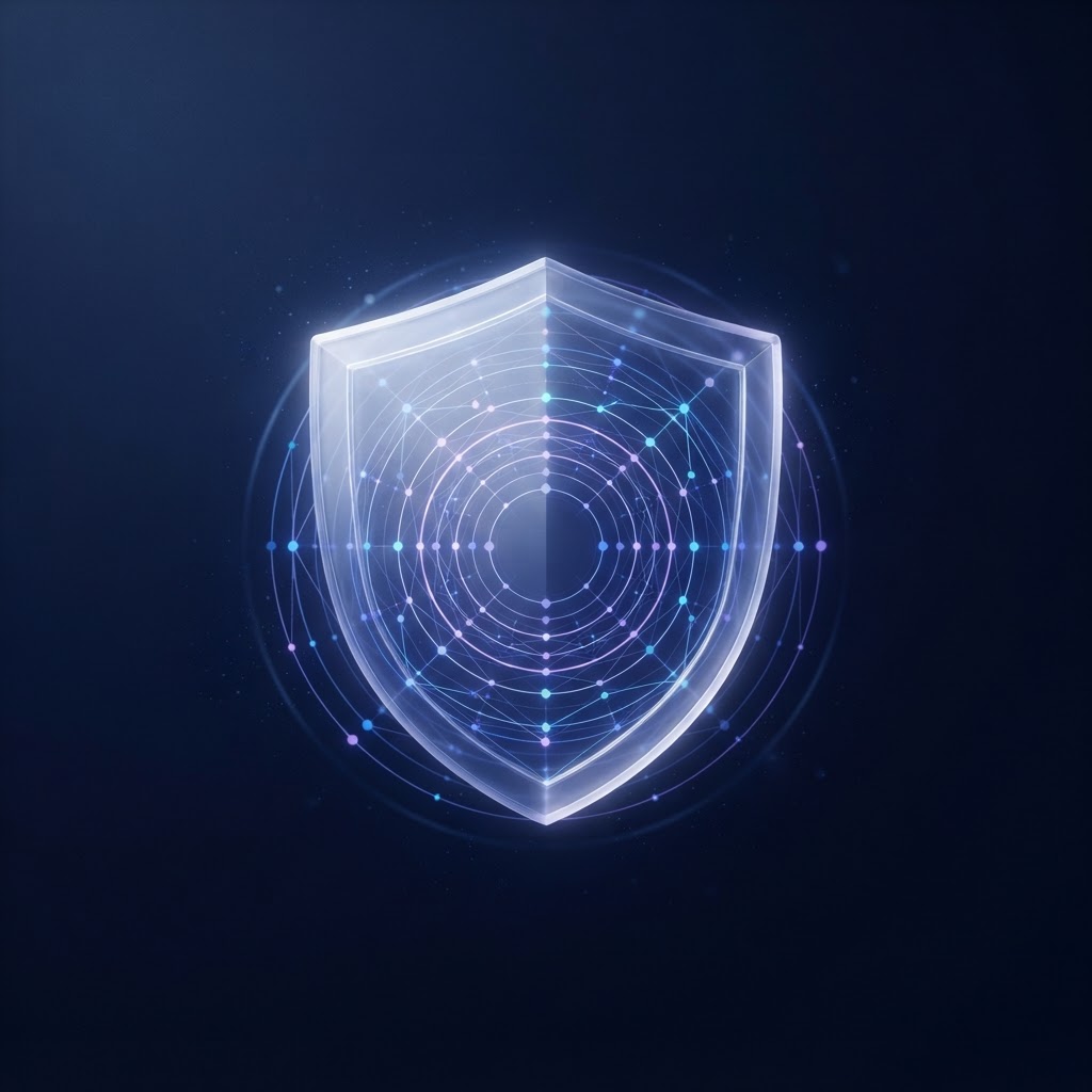 Glowing shield and network rings representing transaction awareness