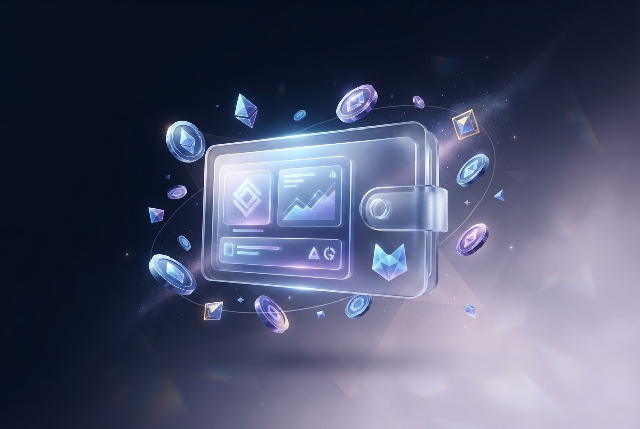 Abstract glass wallet interface surrounded by digital assets