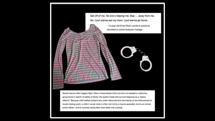 The Wrong Questions Project exhibit installation displaying survivor testimony