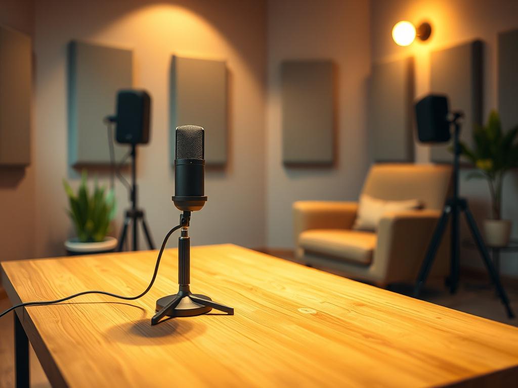 A cozy, inviting podcast recording space featuring a single high-quality microphone on a wooden table. Soft lighting illuminates the room, creating a warm atmosphere. In the background, there are soundproofing panels and a comfortable chair, suggesting a creative and relaxed environment. The color palette includes soft tones that harmonize with rgb(193, 153, 87), enhancing the peaceful vibe of the space.