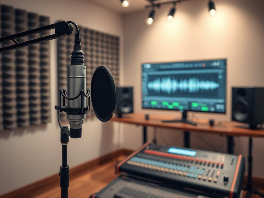 A serene and inviting recording studio setting, featuring a professional microphone and soundproof panels in soft tones. The lighting is gentle, creating a peaceful atmosphere. In the background, show a sound mixing console with audio waveforms displayed on a computer screen, emphasizing the creative process of advert production. The overall composition should evoke a sense of professionalism and calm, highlighting the focus on quality sound production.