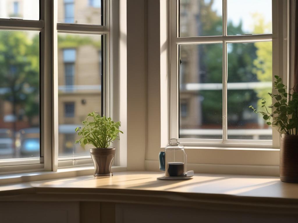 A hyper-realistic close-up shot of a gleaming window, showcasing clear glass reflecting sunlight. In the background, a well-organized living space can be seen, with neatly arranged furniture and decorative items. The image should be shot with a 45mm f/1.2 lens, capturing the details of the window and the organized room while maintaining a soft focus on the background. The overall color scheme should complement the primary color rgb(21, 196, 244).