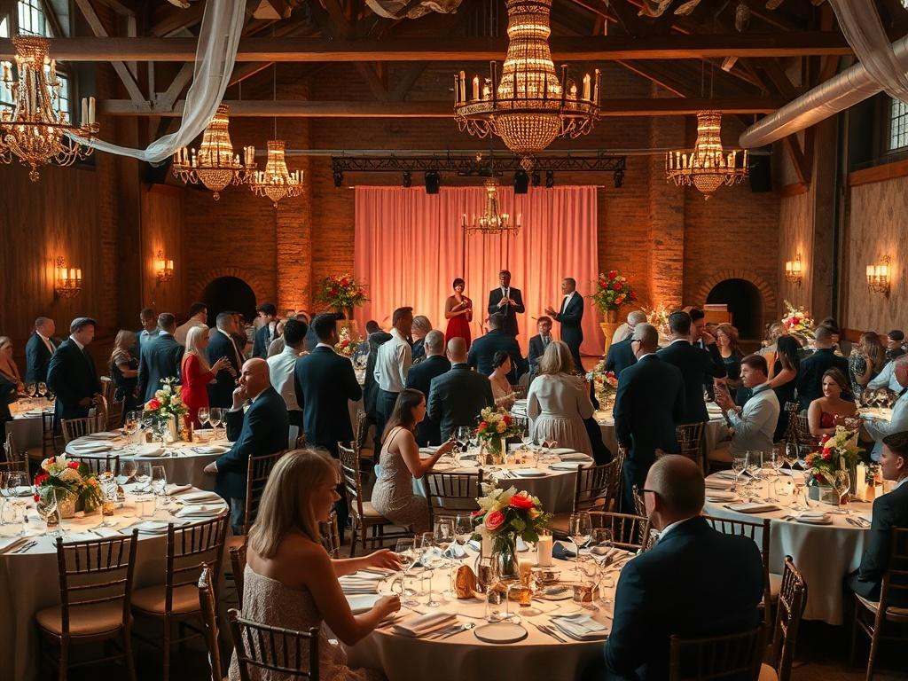 A glamorous fundraising gala setting with elegantly dressed attendees mingling,