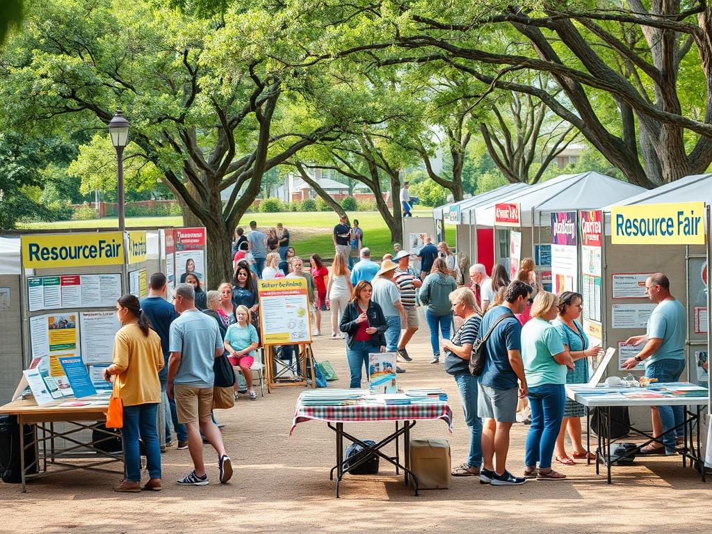 A vibrant community resource fair scene showcasing various booths with