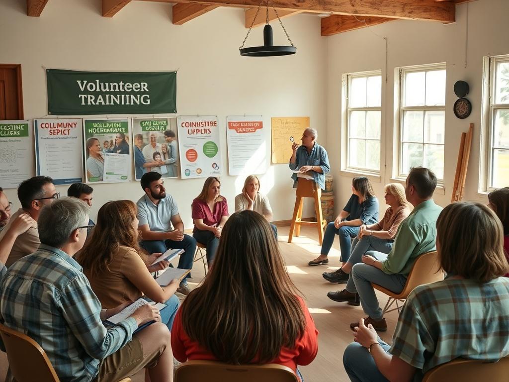 An engaging volunteer training session with a diverse group of