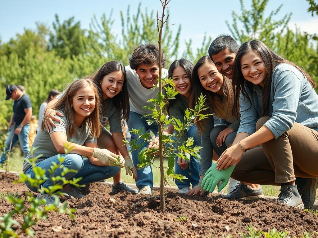 A diverse group of enthusiastic volunteers working together on a