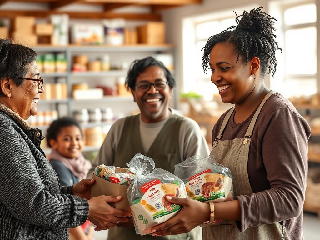 A caring volunteer distributing food packages to families in need