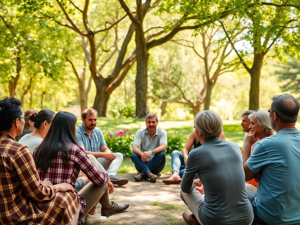 A warm community gathering in a park, with diverse individuals