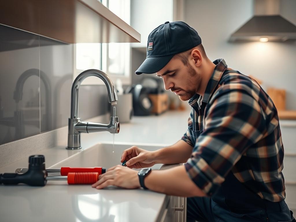 A close up shot of a skilled plumber repairing a
