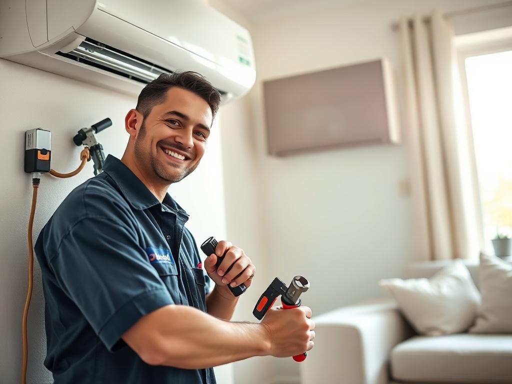 A hyper realistic close up shot of a smiling HVAC