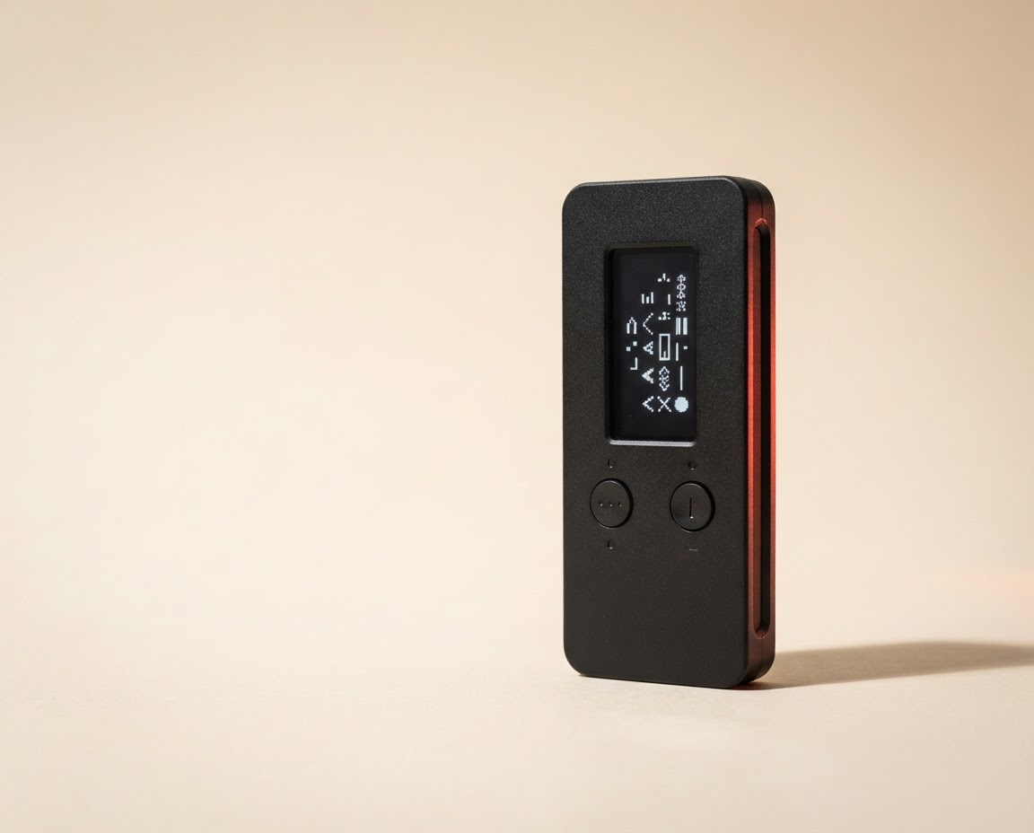 A Trezor-style hardware wallet shown in a warm studio setting
