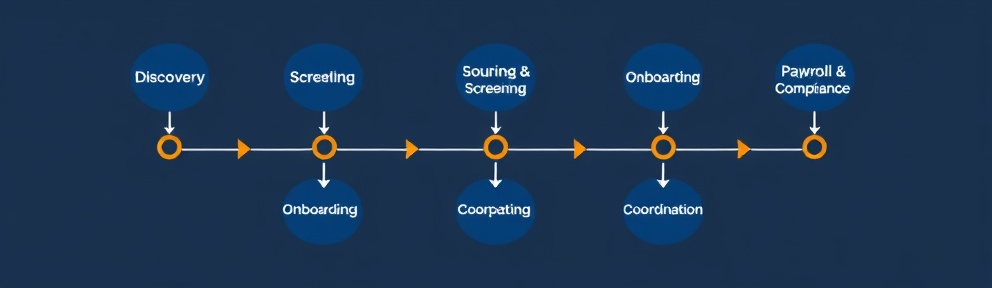 5-step process: Discovery, Sourcing & Screening, Onboarding, Payroll & Compliance, Ongoing Coordination