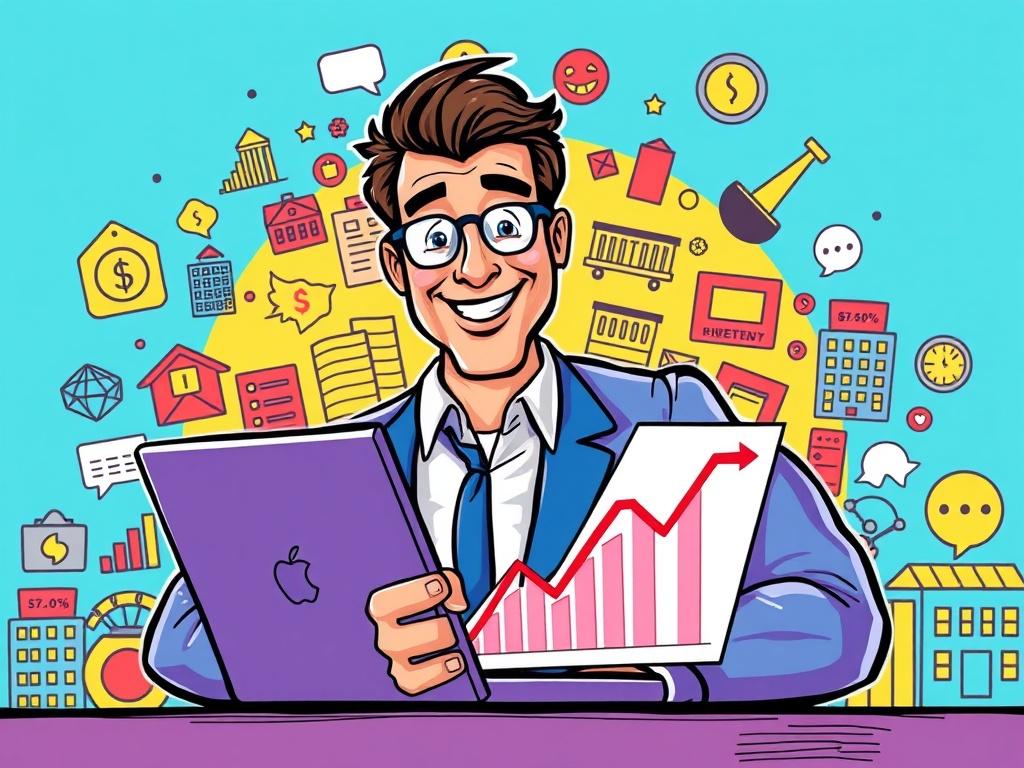 A vibrant, stylized comic illustration featuring a confident property manager analyzing a graph on a laptop. The background is filled with colorful icons representing various market trends and rental statistics. The manager is looking pleased, symbolizing success in maximizing rental income through dynamic pricing.