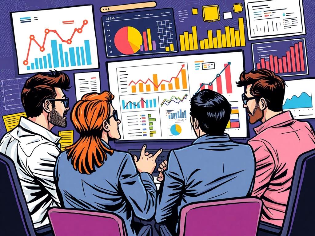 A dynamic comic-style illustration showcasing a team of analysts surrounded by charts and graphs. They are engaged in a brainstorming session, with colorful data visualizations in the background. The scene communicates teamwork and strategic planning in understanding market dynamics.