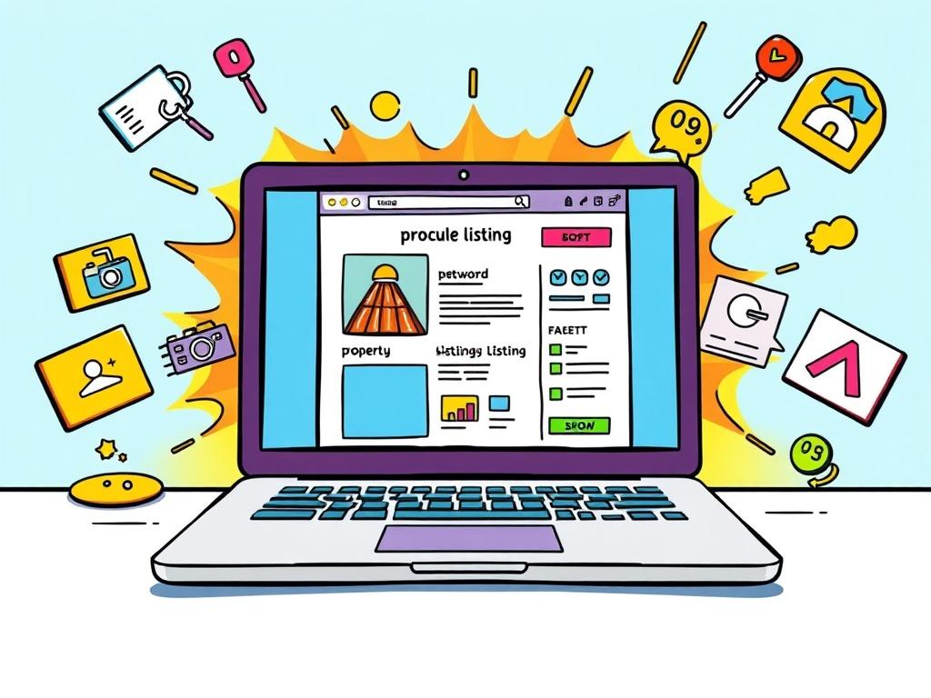 A colorful comic illustration of a property listing page on a laptop screen, surrounded by eye-catching icons for photography and keywords. The scene conveys a sense of excitement and creativity, highlighting the importance of optimized listings in attracting guests.