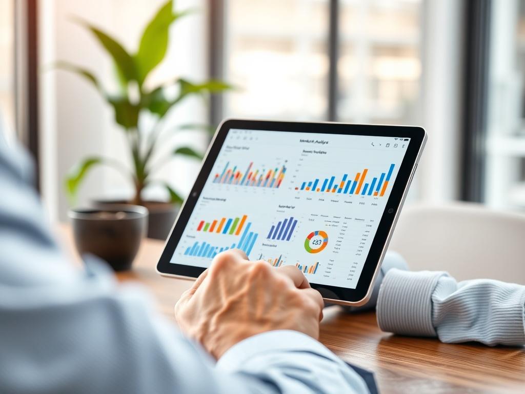 A high-resolution image of a person reviewing market analysis reports on a tablet while seated at a wooden desk. The tablet shows colorful charts and graphs. The background features a modern office environment with soft lighting and a green plant to create a fresh feel.