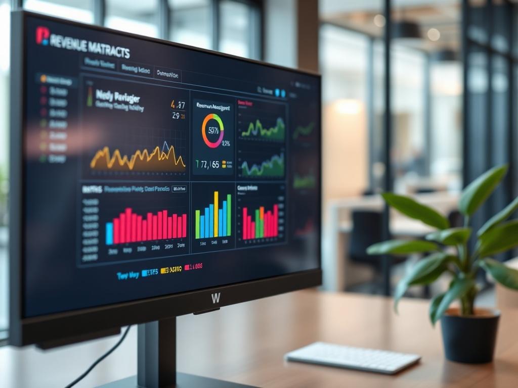 A close-up image of a high-tech dashboard displaying revenue management metrics on a sleek computer monitor in a modern office. The dashboard features colorful graphs and analytics. The background is softly blurred, highlighting a contemporary office space with a green plant for a touch of nature.