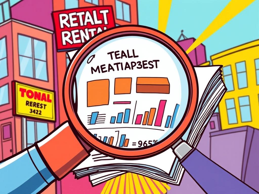 A colorful comic-style illustration of a magnifying glass over a rental market report. The report features various charts and graphs, symbolizing data analysis. The background includes elements like buildings and a rental sign, all in a lively color palette with the primary color rgb(205, 48, 52).